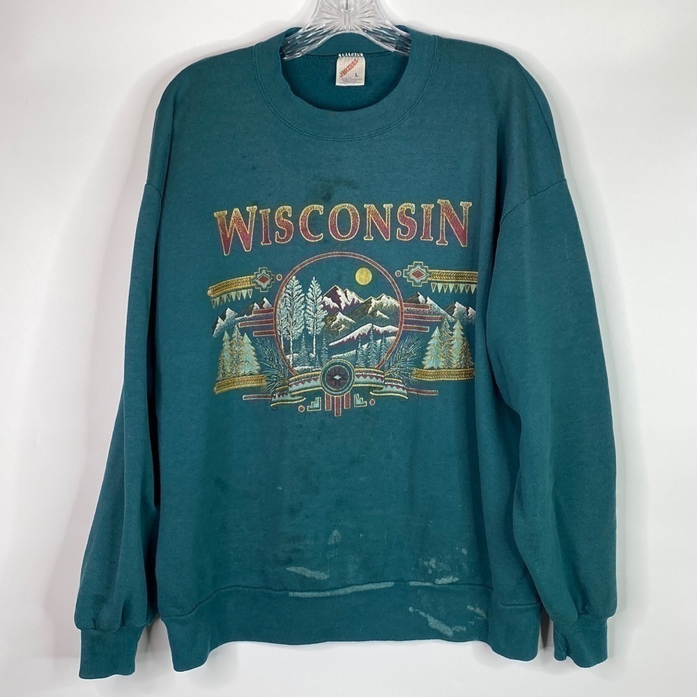 Vintage Jerzees Wisconsin Green Crewneck Sweatshirt Size Large Grunge